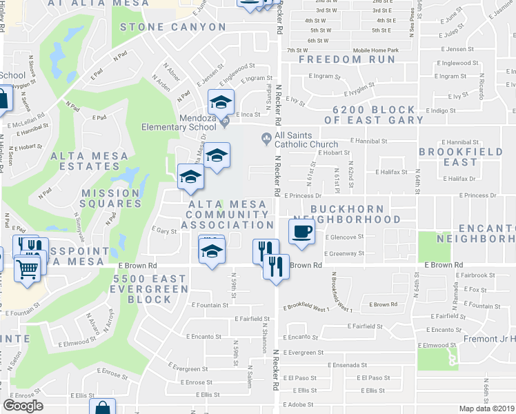 map of restaurants, bars, coffee shops, grocery stores, and more near 1402 North Recker Road in Mesa