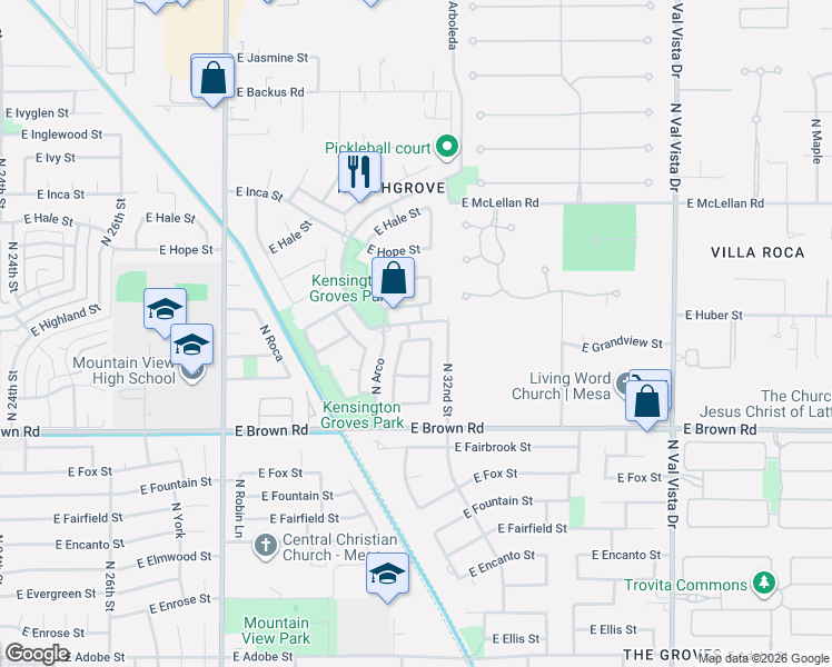 map of restaurants, bars, coffee shops, grocery stores, and more near 3141 East Huber Street in Mesa