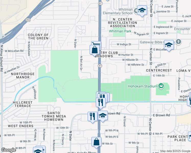 map of restaurants, bars, coffee shops, grocery stores, and more near 1418 North Country Club Drive in Mesa