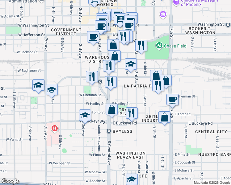 map of restaurants, bars, coffee shops, grocery stores, and more near 702 South 1st Street in Phoenix