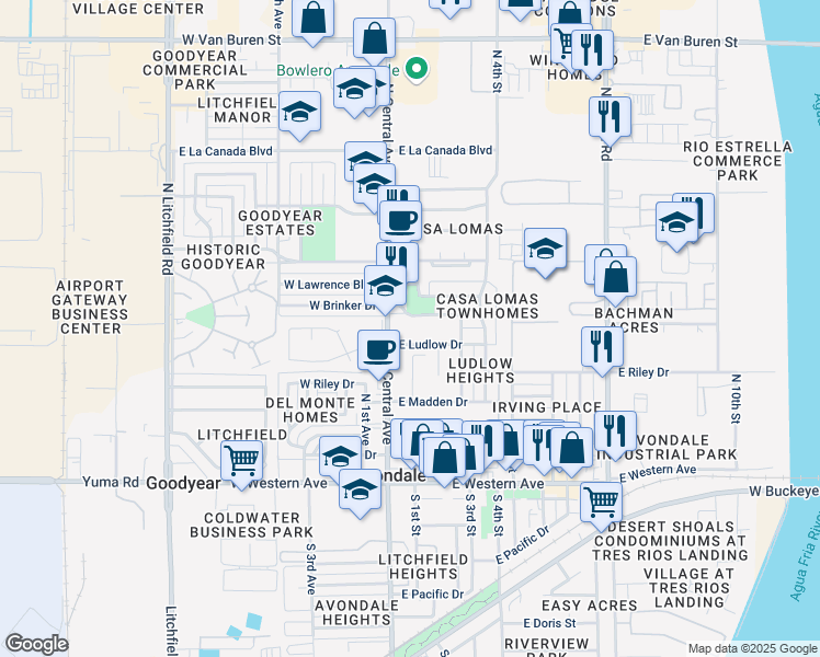 map of restaurants, bars, coffee shops, grocery stores, and more near 108 East Brinker Drive in Avondale