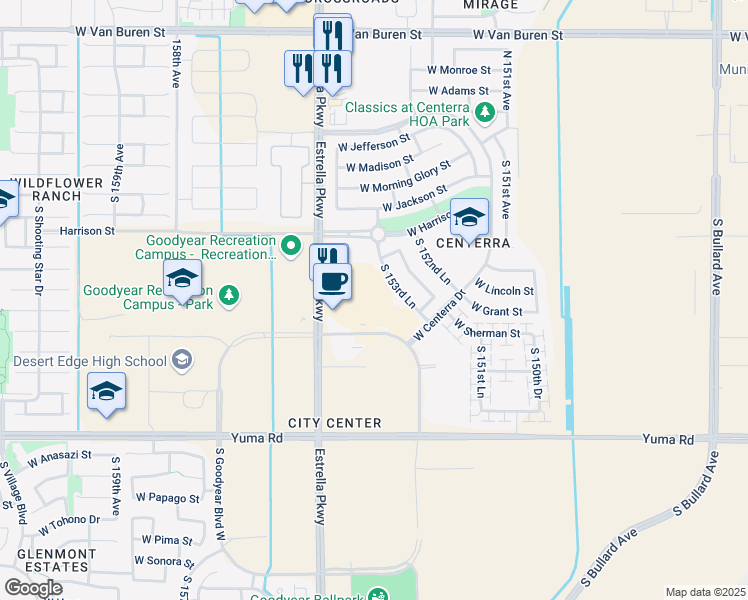 map of restaurants, bars, coffee shops, grocery stores, and more near 15400 West Goodyear Boulevard North in Goodyear