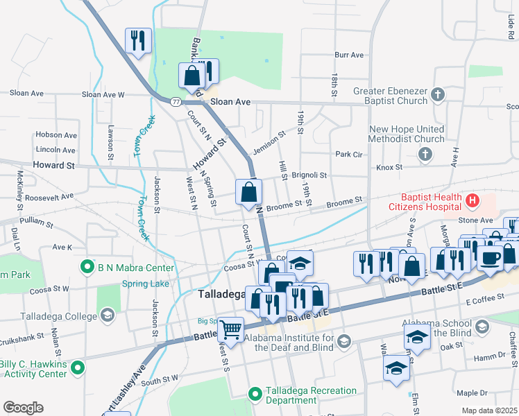 map of restaurants, bars, coffee shops, grocery stores, and more near 306 Percy Street in Talladega
