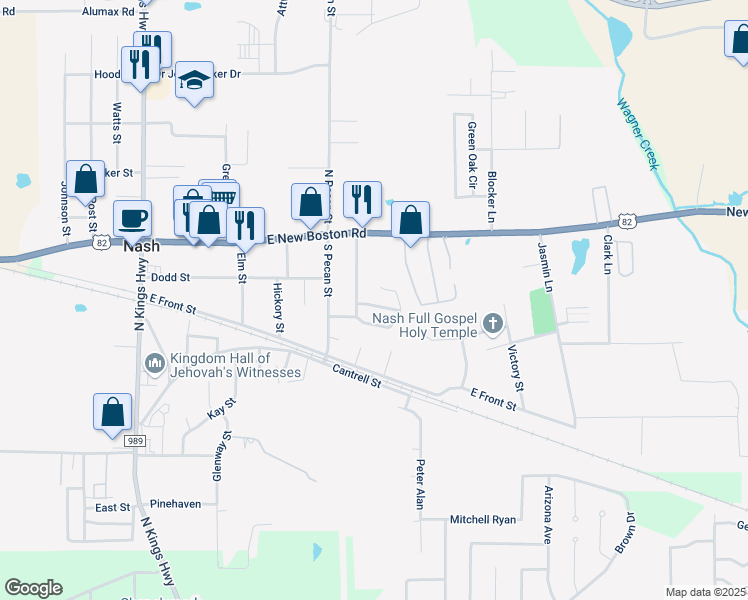 map of restaurants, bars, coffee shops, grocery stores, and more near 45 Pecan Valley Circle in Nash