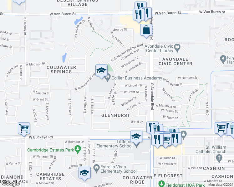 map of restaurants, bars, coffee shops, grocery stores, and more near 11745 West Grant Street in Avondale