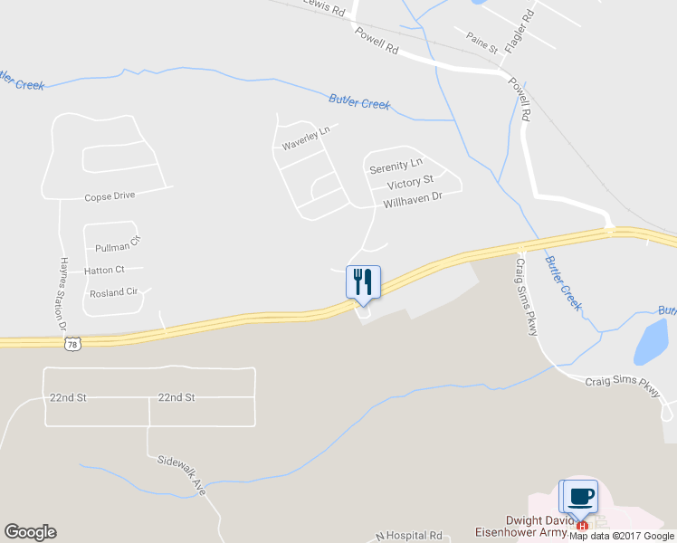 map of restaurants, bars, coffee shops, grocery stores, and more near Trinity Circle in Grovetown