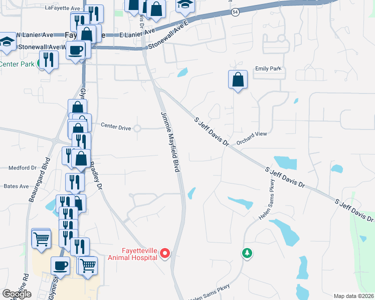 map of restaurants, bars, coffee shops, grocery stores, and more near Jimmie Mayfield Boulevard in Fayetteville