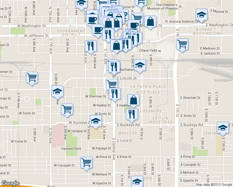 map of restaurants, bars, coffee shops, grocery stores, and more near 717 South Central Avenue in Phoenix