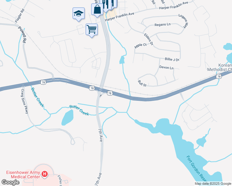 map of restaurants, bars, coffee shops, grocery stores, and more near State Route 12 in Augusta