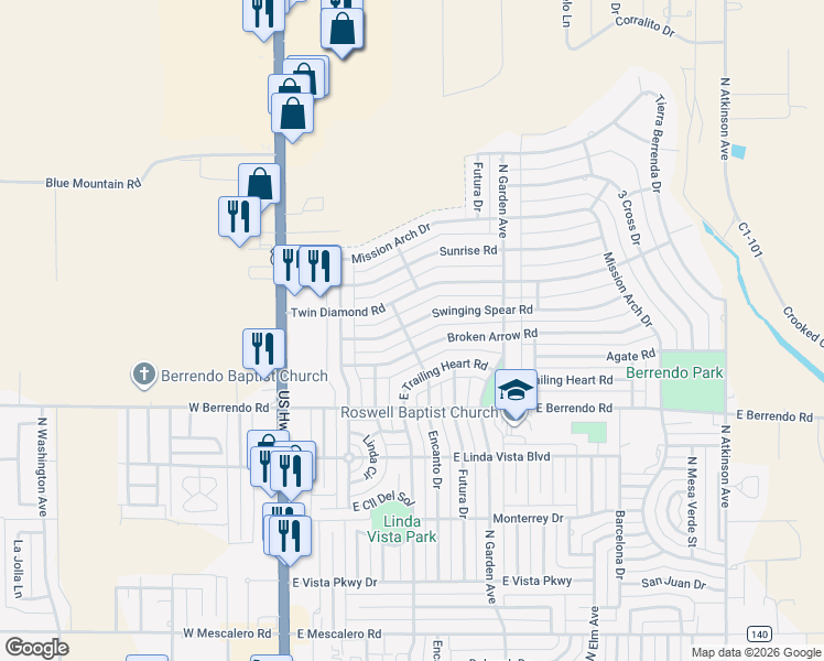 map of restaurants, bars, coffee shops, grocery stores, and more near 3501 Encanto Drive in Roswell
