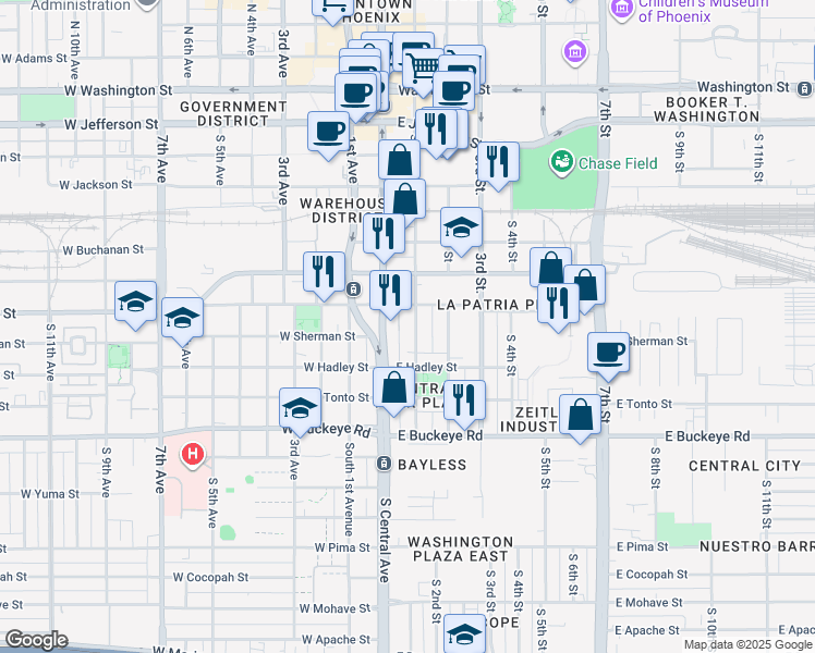 map of restaurants, bars, coffee shops, grocery stores, and more near 702 South 1st Street in Phoenix