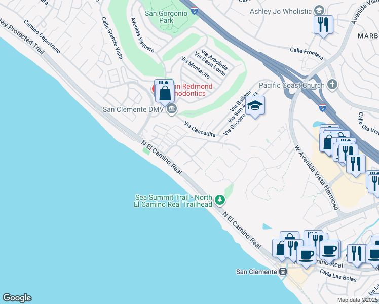 map of restaurants, bars, coffee shops, grocery stores, and more near 308 Camino San Clemente in San Clemente