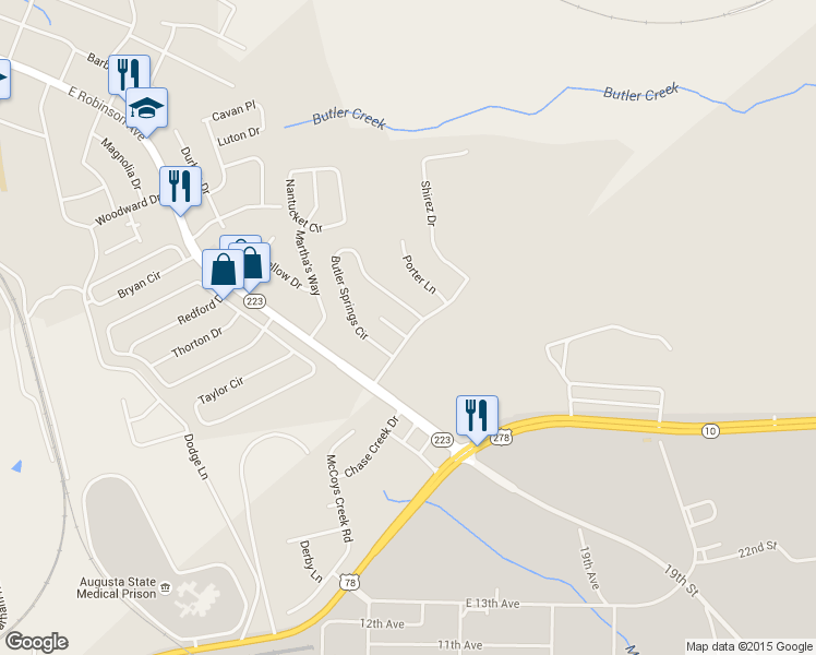 map of restaurants, bars, coffee shops, grocery stores, and more near 500 Butler Springs Court in Grovetown