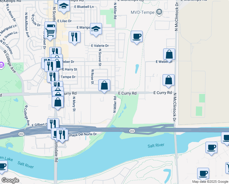 map of restaurants, bars, coffee shops, grocery stores, and more near 1044 North Miller Road in Tempe