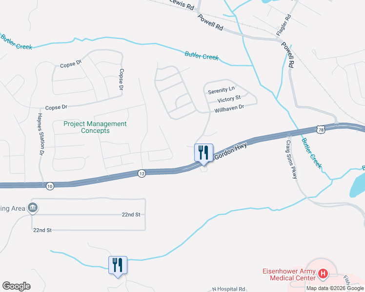 map of restaurants, bars, coffee shops, grocery stores, and more near 2307 Trinity Circle in Augusta