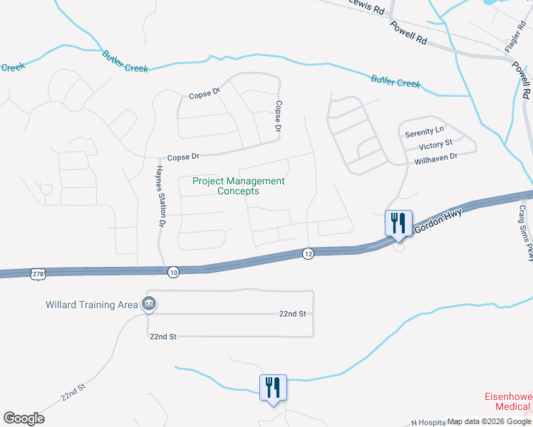 map of restaurants, bars, coffee shops, grocery stores, and more near 445 Furlough Drive in Augusta