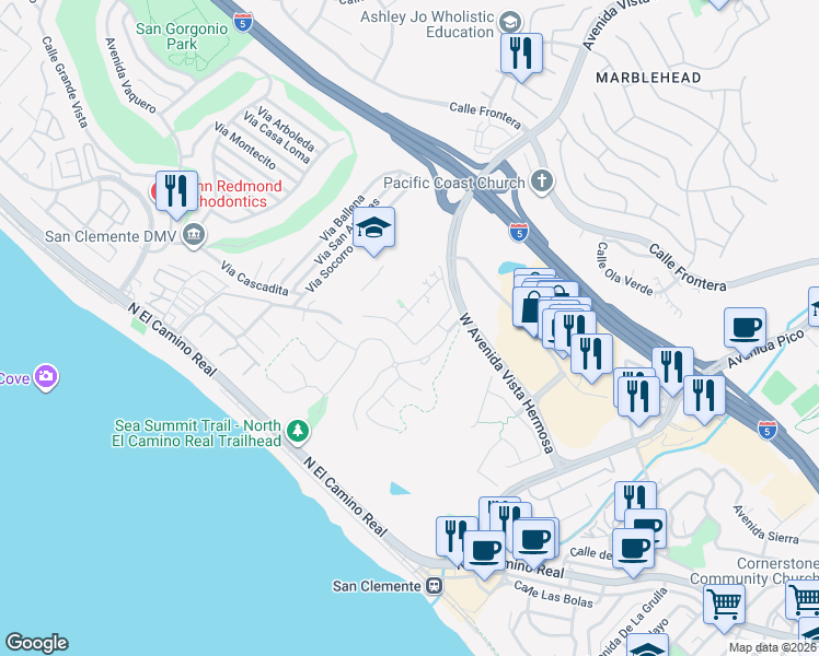 map of restaurants, bars, coffee shops, grocery stores, and more near 144 Via Murcia in San Clemente