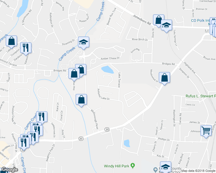 map of restaurants, bars, coffee shops, grocery stores, and more near 500 Lakecourt Drive in McDonough