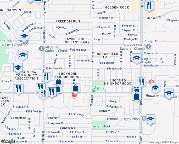 map of restaurants, bars, coffee shops, grocery stores, and more near 6361 East Princess Drive in Mesa
