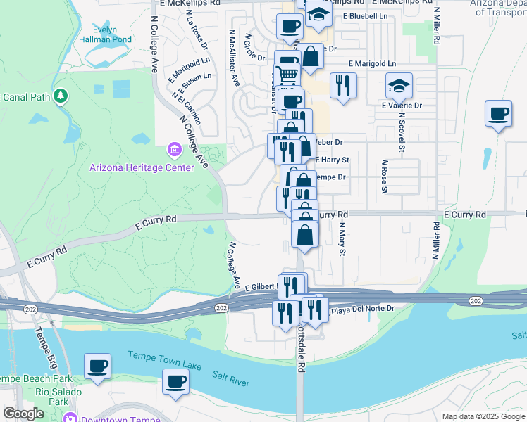 map of restaurants, bars, coffee shops, grocery stores, and more near 600 East Curry Road in Tempe