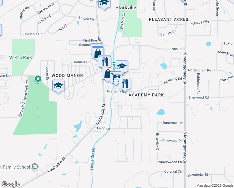 map of restaurants, bars, coffee shops, grocery stores, and more near 201 Academy Road in Starkville