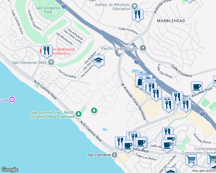 map of restaurants, bars, coffee shops, grocery stores, and more near 161 Via Murcia in San Clemente