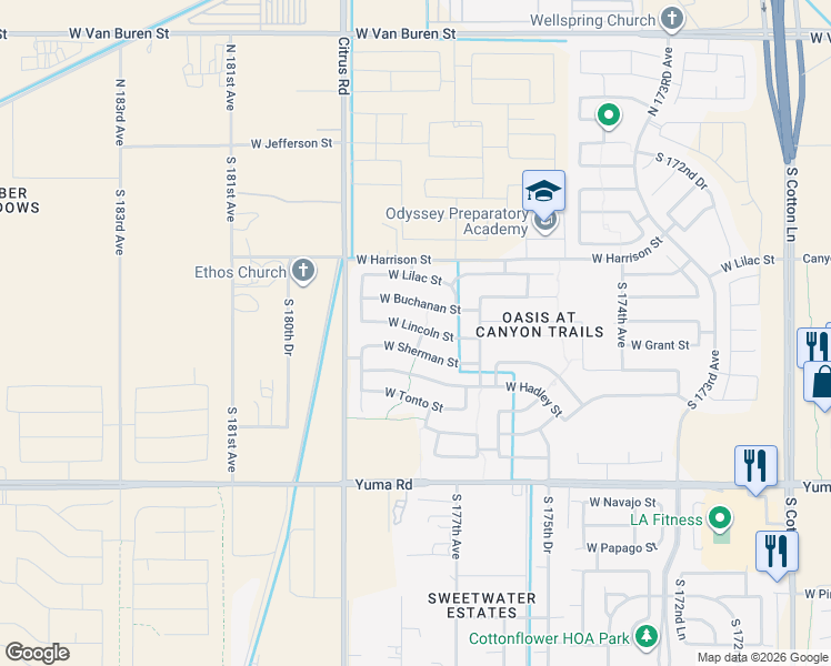 map of restaurants, bars, coffee shops, grocery stores, and more near 17818 West Lincoln Street in Goodyear