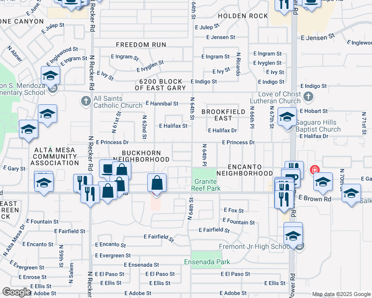 map of restaurants, bars, coffee shops, grocery stores, and more near 6361 East Princess Drive in Mesa