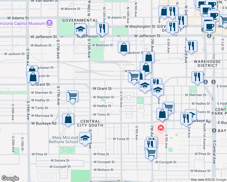 map of restaurants, bars, coffee shops, grocery stores, and more near 1106 West Grant Street in Phoenix