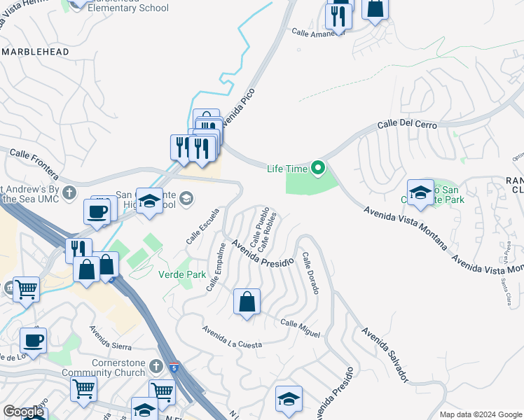 map of restaurants, bars, coffee shops, grocery stores, and more near 425 Calle Pueblo in San Clemente