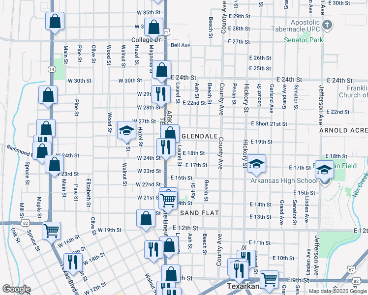 map of restaurants, bars, coffee shops, grocery stores, and more near 1810 Laurel Street in Texarkana