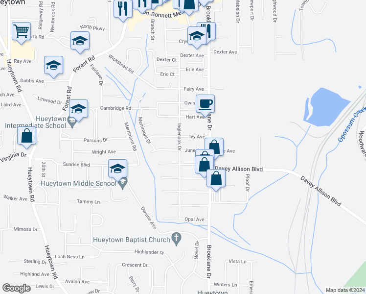 map of restaurants, bars, coffee shops, grocery stores, and more near 120 June Avenue in Hueytown