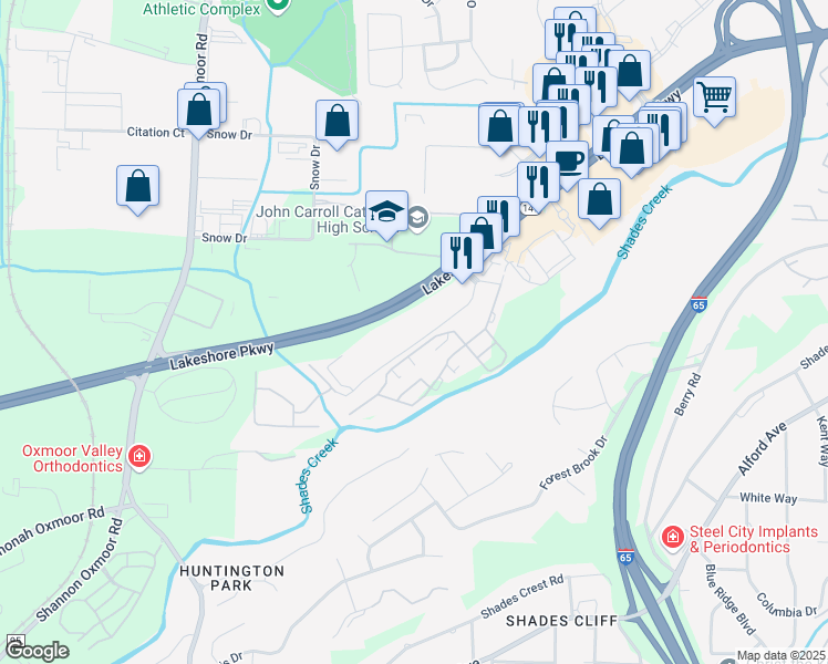 map of restaurants, bars, coffee shops, grocery stores, and more near 400 Commons Drive in Birmingham