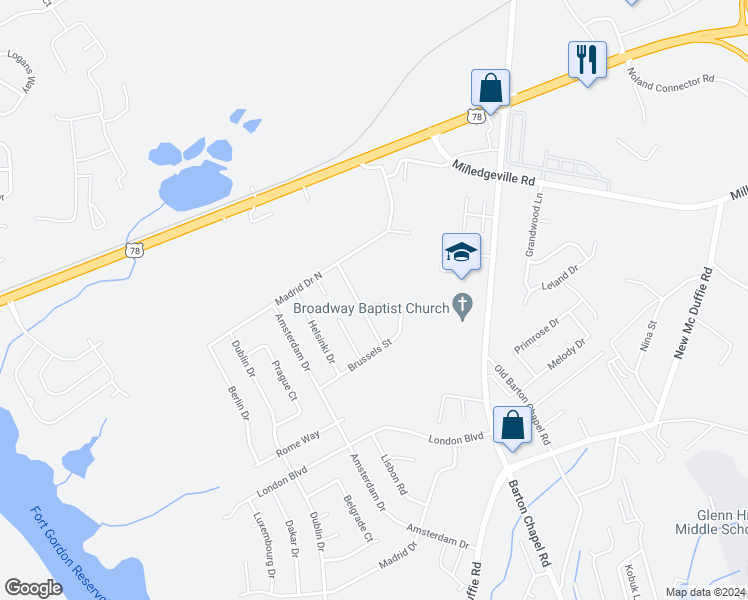 map of restaurants, bars, coffee shops, grocery stores, and more near 3635 Munich Drive in Augusta