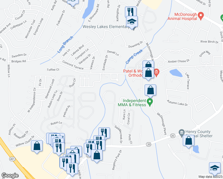 map of restaurants, bars, coffee shops, grocery stores, and more near 2200 Saddlecreek Drive in McDonough