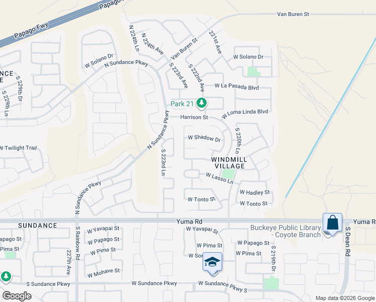 map of restaurants, bars, coffee shops, grocery stores, and more near 648 South 222nd Lane in Buckeye