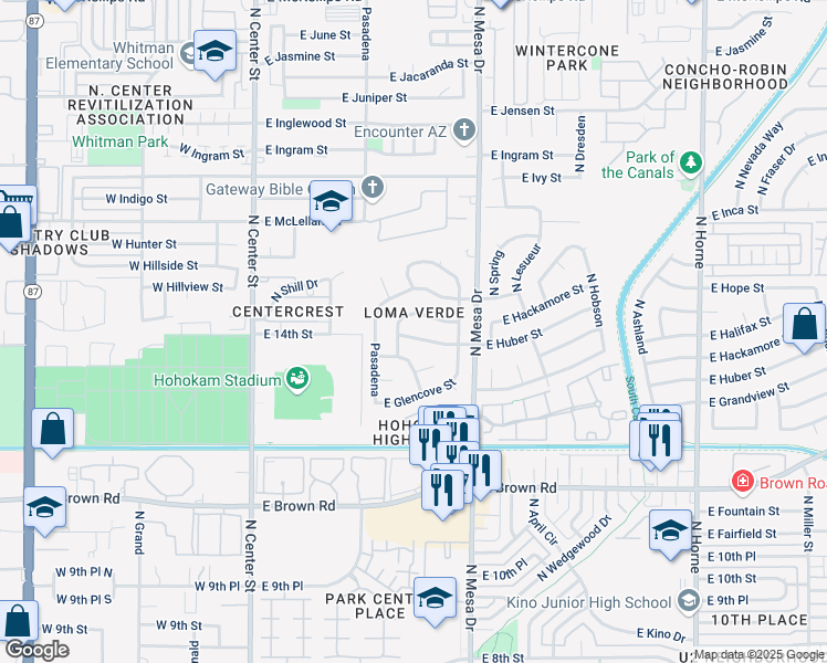 map of restaurants, bars, coffee shops, grocery stores, and more near 259 East Hackamore Street in Mesa