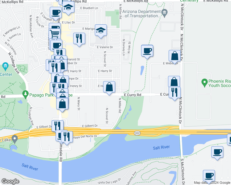 map of restaurants, bars, coffee shops, grocery stores, and more near 1044 North Miller Road in Tempe