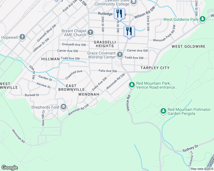 map of restaurants, bars, coffee shops, grocery stores, and more near 3631 Doby Avenue Southwest in Birmingham