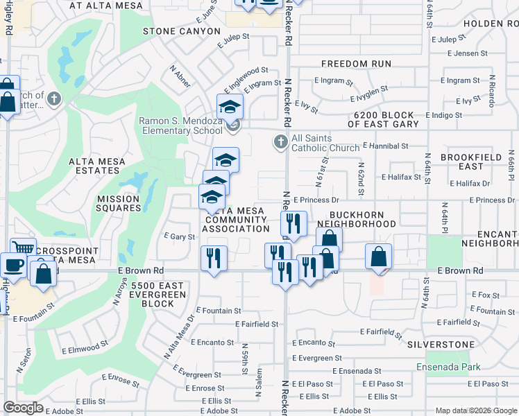 map of restaurants, bars, coffee shops, grocery stores, and more near 1402 North Recker Road in Mesa