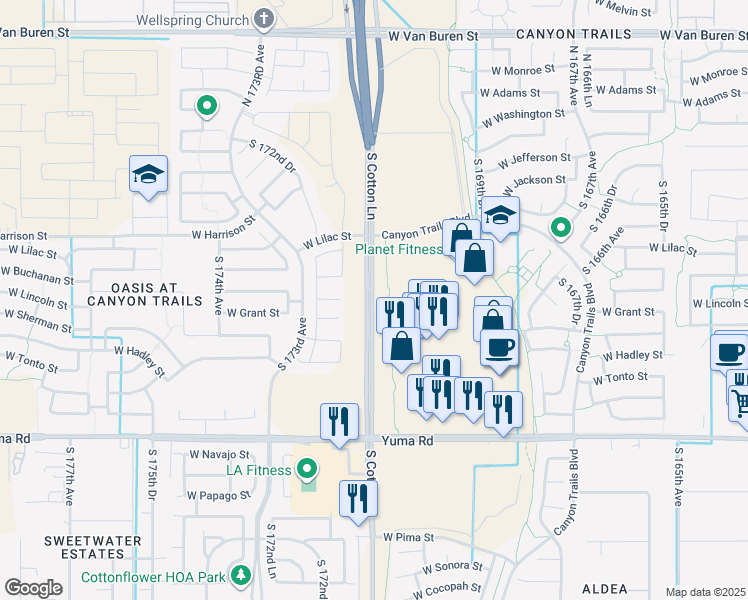 map of restaurants, bars, coffee shops, grocery stores, and more near 595 South Cotton Lane in Goodyear