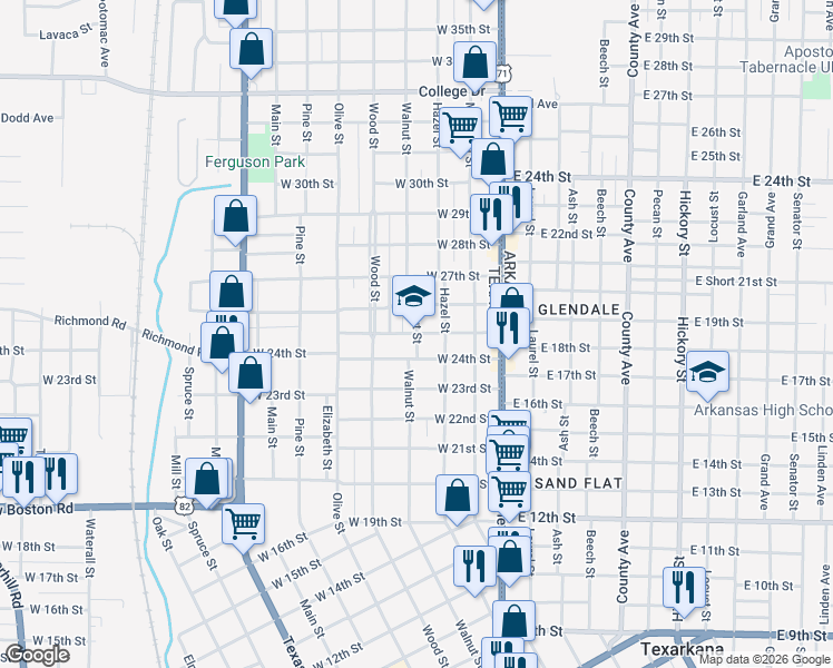 map of restaurants, bars, coffee shops, grocery stores, and more near 401 West 25th Street in Texarkana