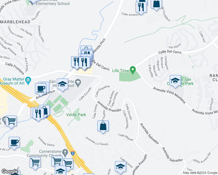 map of restaurants, bars, coffee shops, grocery stores, and more near 425 Calle Pueblo in San Clemente