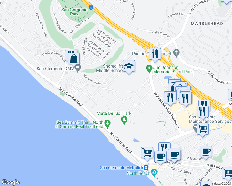 map of restaurants, bars, coffee shops, grocery stores, and more near 115 Via Bellas Artes in San Clemente