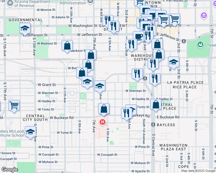 map of restaurants, bars, coffee shops, grocery stores, and more near 415 West Grant Street in Phoenix