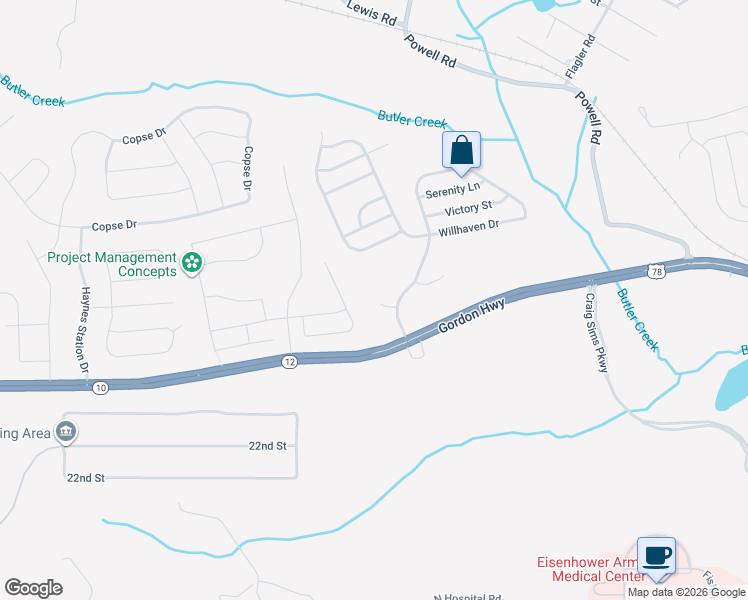 map of restaurants, bars, coffee shops, grocery stores, and more near 2307 Trinity Circle in Augusta