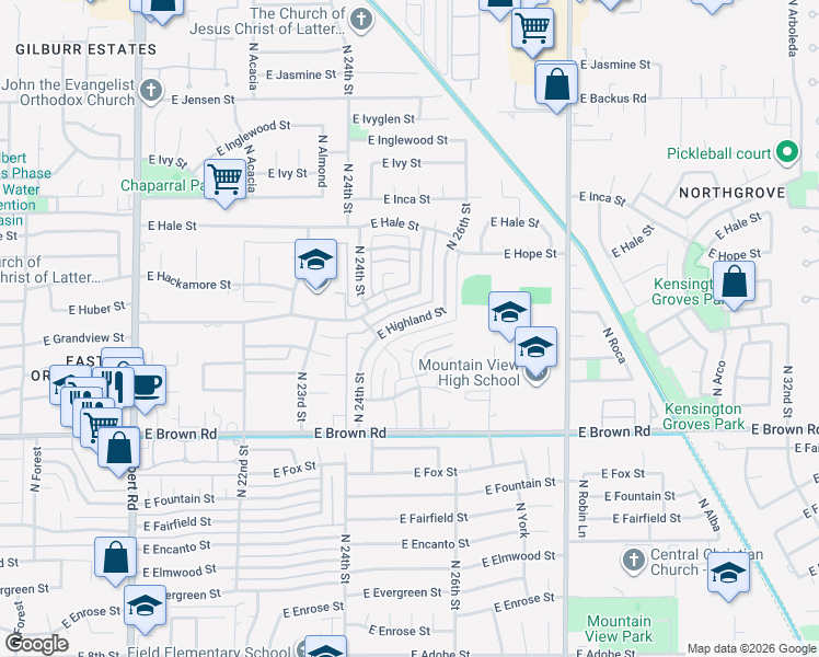 map of restaurants, bars, coffee shops, grocery stores, and more near 2514 East Highland Street in Mesa