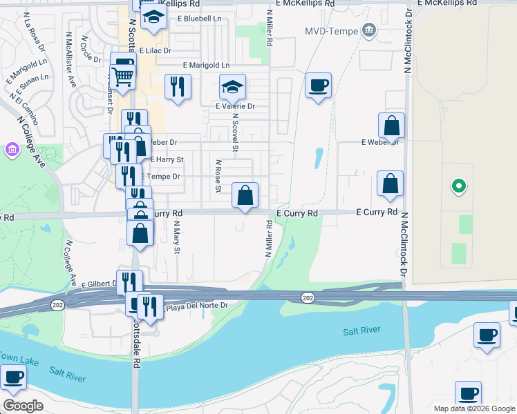 map of restaurants, bars, coffee shops, grocery stores, and more near 1044 North Miller Road in Tempe