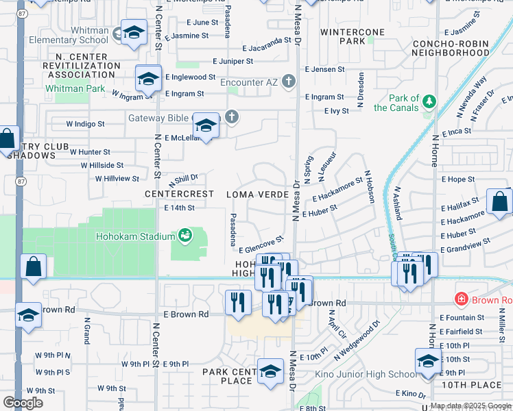 map of restaurants, bars, coffee shops, grocery stores, and more near 259 East Hackamore Street in Mesa