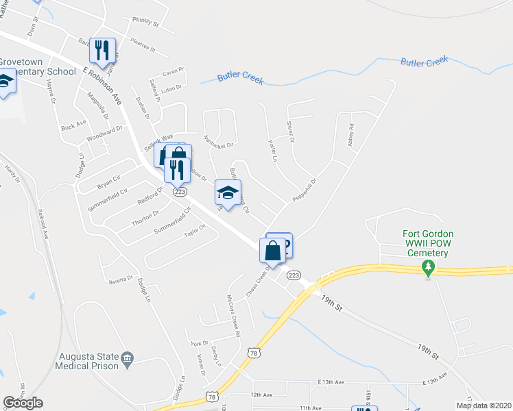 map of restaurants, bars, coffee shops, grocery stores, and more near 511 Butler Springs Court in Grovetown